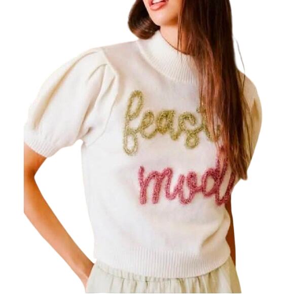 Peach Love California Sweaters - Peach Love California Feast Mode Graphic Puff Sleeve Knit Sweater, Size Large